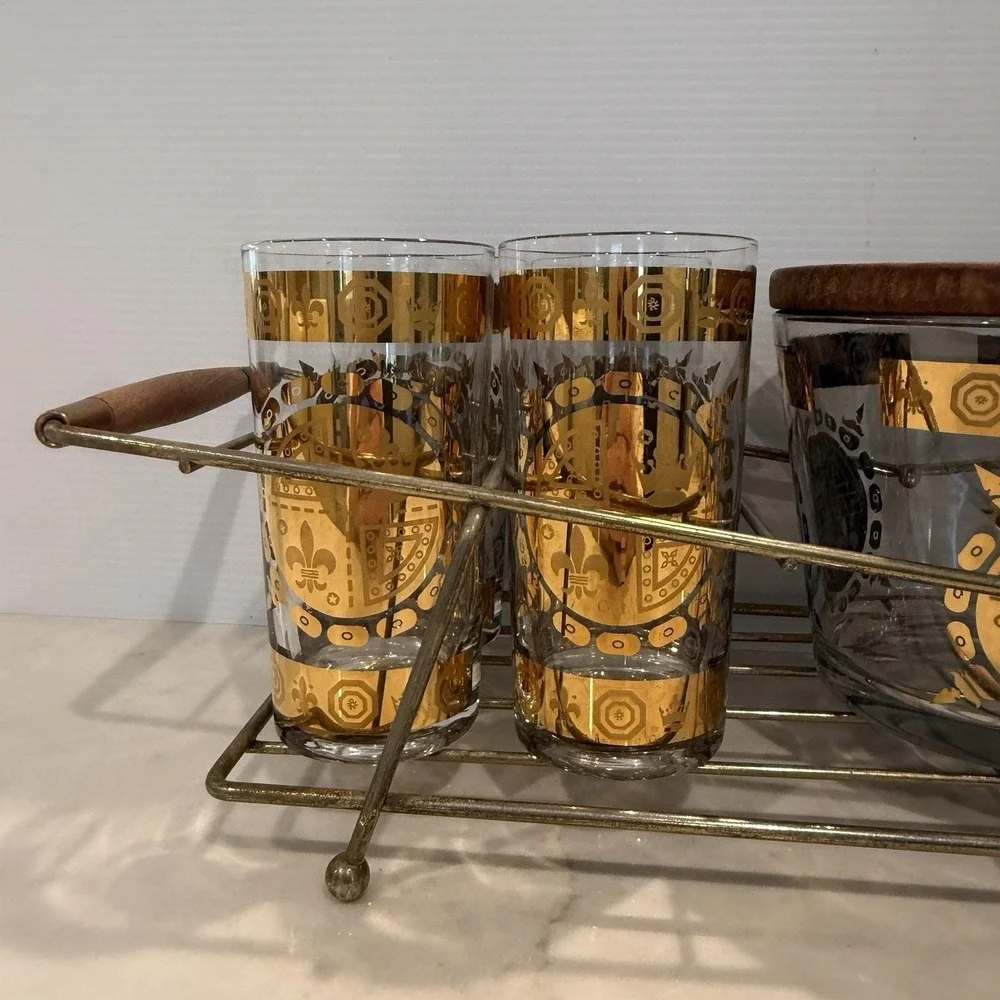 VTG MCM Vito Bari Barware Set 8 Highball Glasses, Ice Bucket & Caddy 22KT Gold